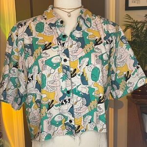 H&M Short-Sleeve Button-Down Shirt in Teal, Yellow & White